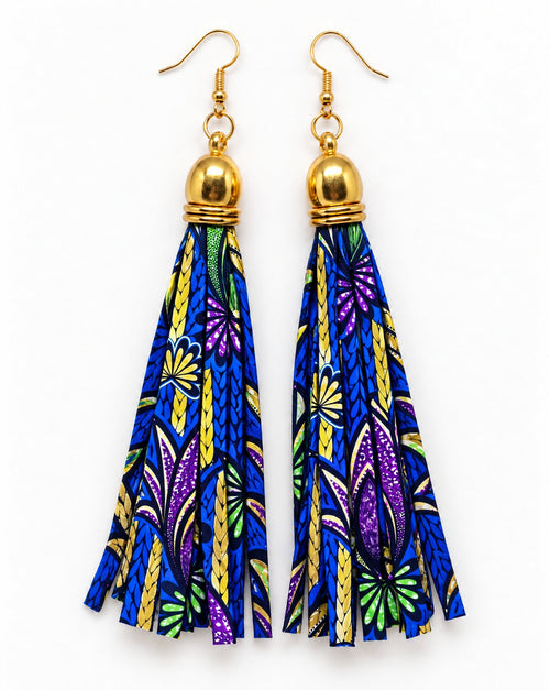 African print tassel earrings in blue, purple and green