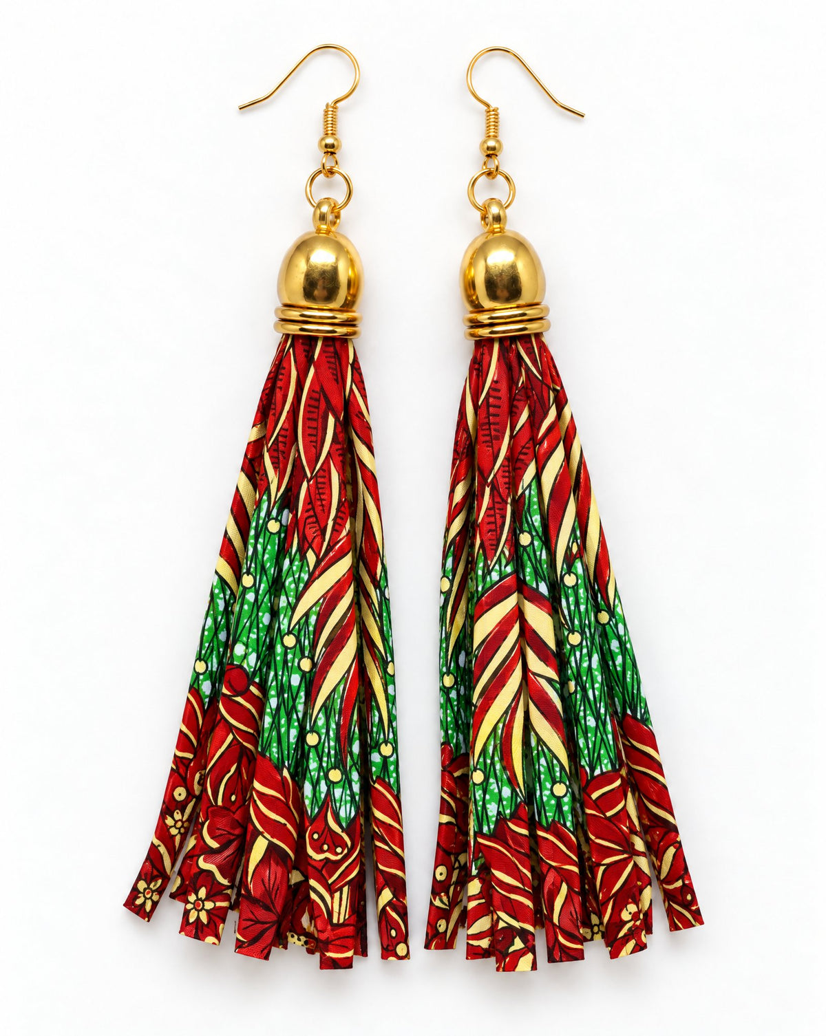 African print tassel earrings in red, green and gold