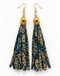 African print tassel earrings in teal and gold