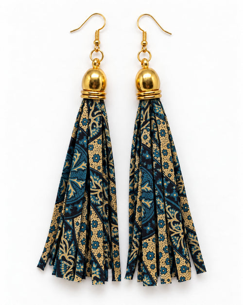 African print tassel earrings in teal and gold