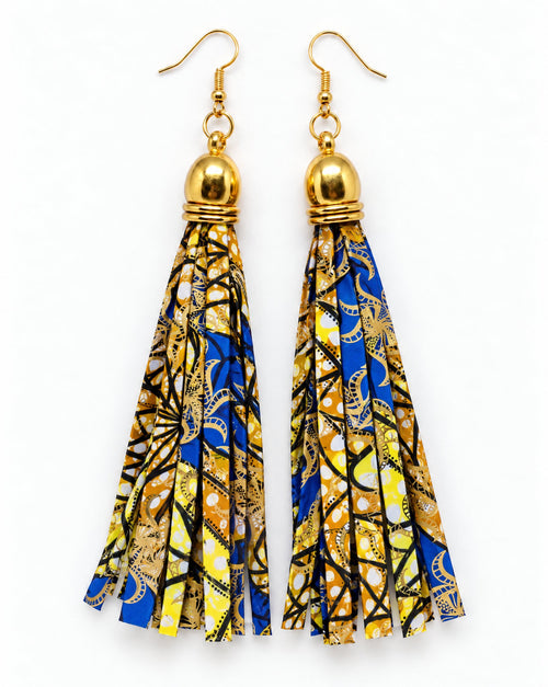 African print tassel earrings in blue, yellow and gold