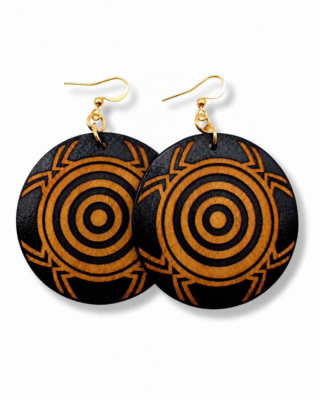 Adinkrahene laser-cut wooden earrings with gold hooks - Deka Trends